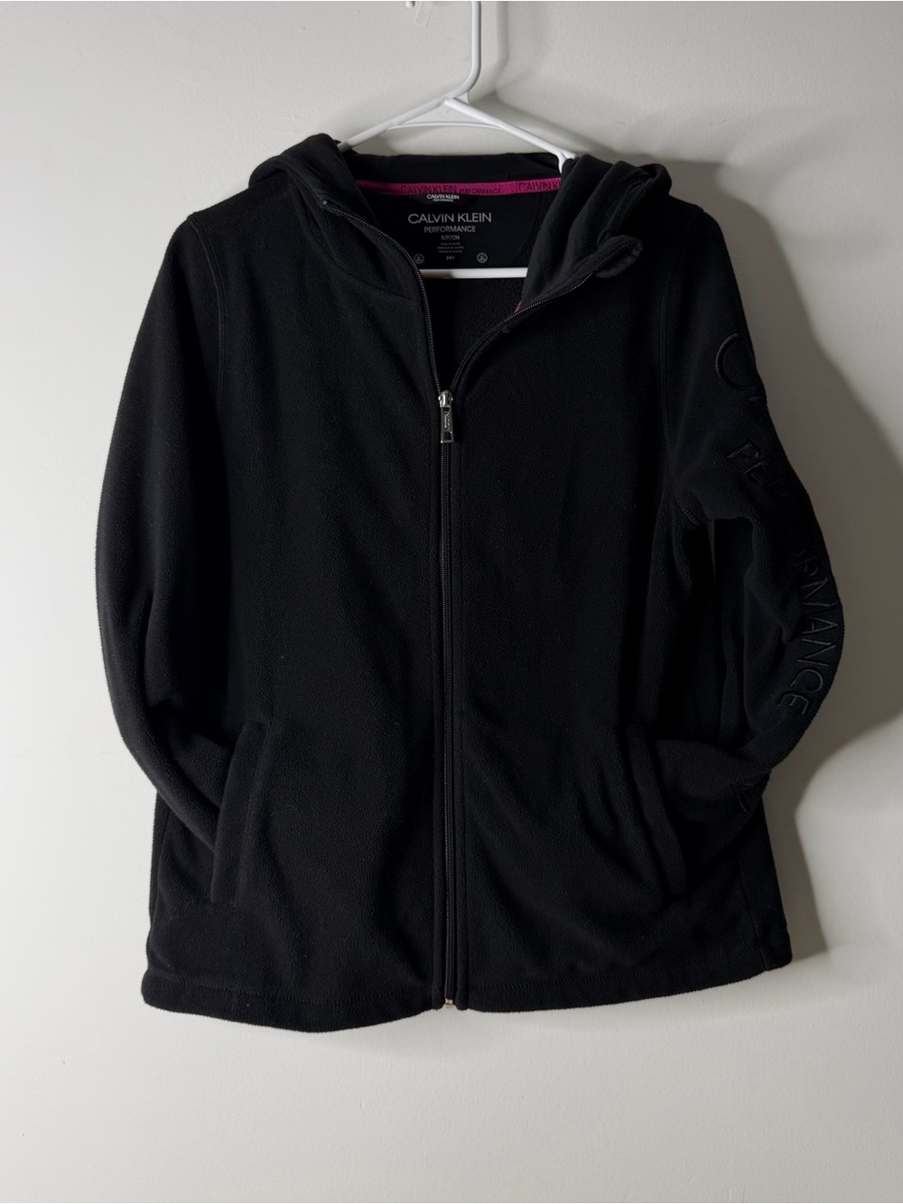 Calvin Klein Black Hooded Puffer Coat with Subtle Pink Trim